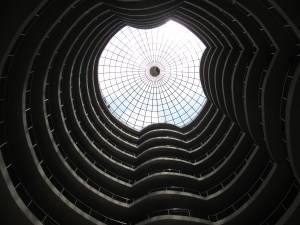 Looking up in the lobby of the hotel